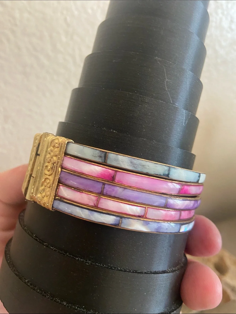 Vintage 70s Brass Mother of Pearl Inlay Hinged Bangle Bracelet
